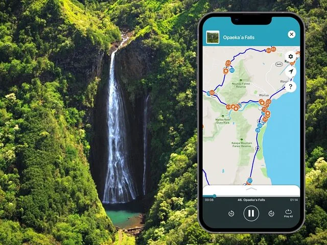 Ein hoher Wasserfall, der über eine Klippe herabstürzt, mit App-Overlay.